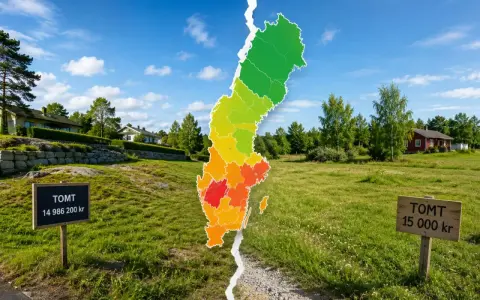 Två skyltar visar "TOMT" med olika priser. En färgad karta över Sverige delar bilden, med grönt i norr och rött i söder.