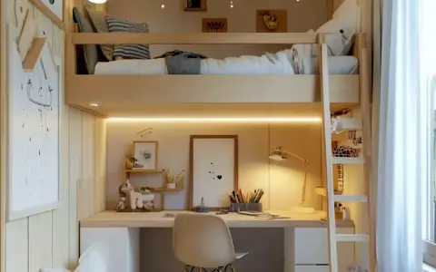 Litet barnrum inspo med loftsäng, skrivbord och mysig belysning. Perfekt för lek och läxläsning.
