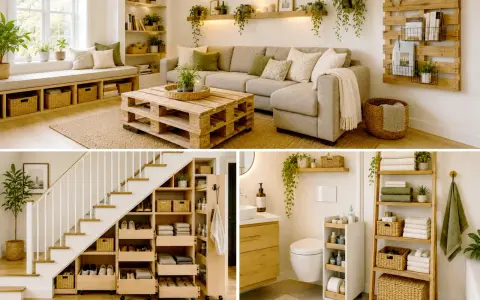 Inspiration renovering: Ljust vardagsrum med soffa, pall-bord och förvaring. Smart förvaring under trappan och ett fräscht badrum.