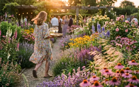 En kvinna bär en bricka med glas genom en trädgård fylld av klockformade blommor i olika färger.