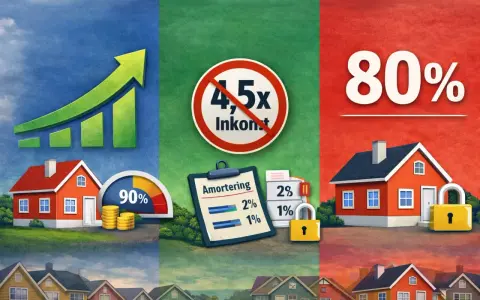 Grafisk illustration visar hus, en stigande graf, mynt och en mätare. En text visar "Amortering" med siffror som 2% och 1%. En symbol med "4,5x Inkomst" är överkryssad. En annan del visar "80%" och ett hus med ett lås.