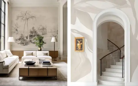 Vänster: Vardagsrum med en stor väggmålning i klassisk design som föreställer ett landskap. Höger: En elegant trappa med en bågad öppning och en konstnärlig väggmålning.