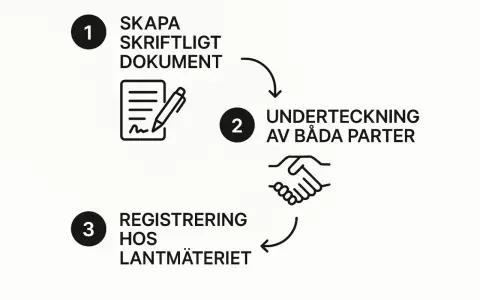 Steg för att registrera en gåva: 1. Skapa dokument, 2. Underteckna, 3. Registrera hos Lantmäteriet. Tänk på lagfartskostnad vid gåva.