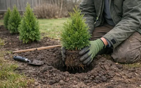Person planterar thuja mot granne. En spade ligger bredvid det nygrävda hålet.