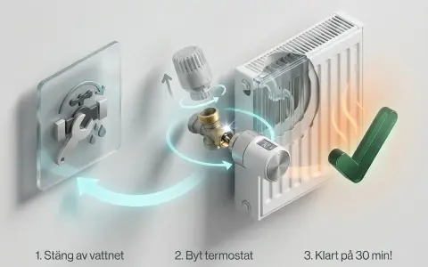 Steg-för-steg-guide för att byta termostat på elementet. Stäng av vattnet, byt termostat, klart på 30 min! Nu slipper du ha det kallt.