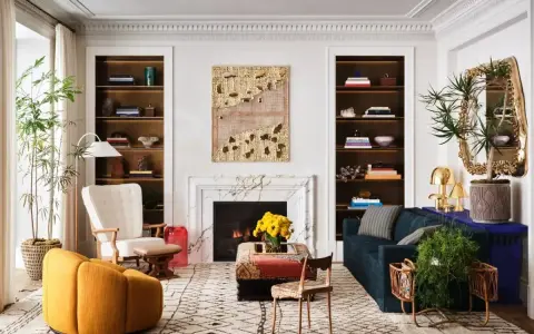 En inbjudande lounge med modern retro inredning. En gul fåtölj, en vit fåtölj och en mörkblå soffa skapar en mysig sittgrupp.