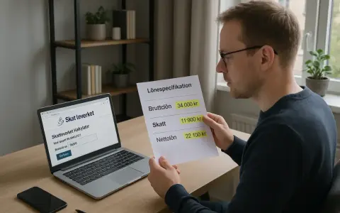 Man granskar en lönespecifikation och en skattekalkylator på en laptop. Kanske förbereder han sig för att deklarera sin fastighetsskatt för en industrifastighet.