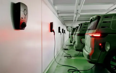 Rad med gröna elbilar laddas vid laddstolpar. Systemet för debitering laddstolpar är igång, vilket syns på de röda lamporna.