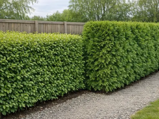 En tät ligusterhäck växer bredvid en annan grön häck. Plantera liguster med rätt avstånd för en frodig häck.