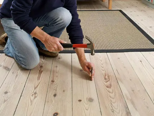 En person knäböjer och hamrar på ett knarrande parkettgolv för att fästa en lös bräda.