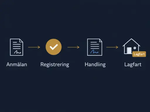 Processen för att betala lagfart: anmälan, registrering, handling och slutligen lagfart.
