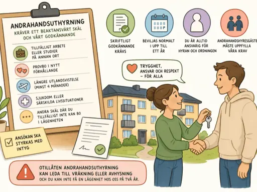 En kvinna ger en nyckel till en man framför ett hyreshus. Texten varnar för otillåten andrahandsuthyrning.