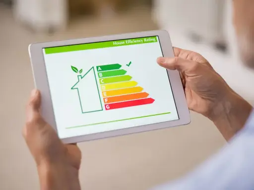 En person håller en surfplatta som visar en energideklaration för en bostadsrättsförening (brf) med en skala från A till G.