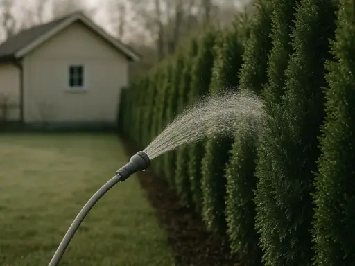 Vatten sprutar från en slang mot en häck av thuja. En liten vit byggnad syns i bakgrunden.