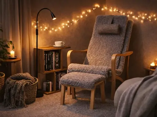 Ett mysigt tv-rum med en bekväm fåtölj, tända ljus och julbelysning. Perfekt för en lugn kväll.
