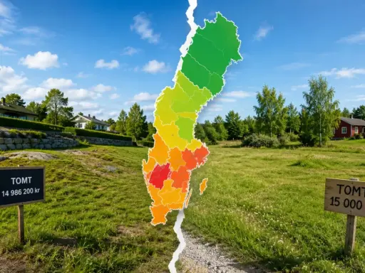 Två skyltar visar "TOMT" med olika priser. En färgad karta över Sverige delar bilden, med grönt i norr och rött i söder.