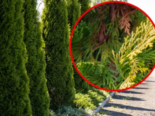 En rad gröna thuja-träd med en närbild som visar en gren med gulnande barr, kanske ett tecken på thuja rotsystemets hälsa.