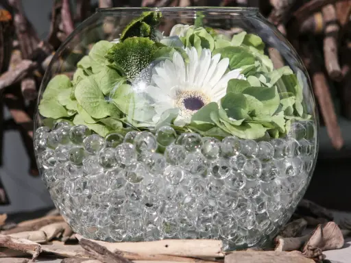En glasvas fylld med vattenbollar till blommor, med en vit gerbera och gröna blad.