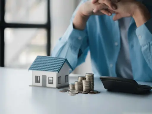 En person funderar över sitt sparande per kvadratmeter i en bostadsrättsförening. En modell av ett hus, mynt och en kalkylator ligger på bordet.