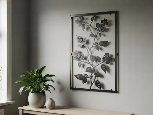 Väggdekoration i metall med blommor och blad, perfekt för att förhöja din inredning. Gröna växter och en vas bidrar till en lugn atmosfär.