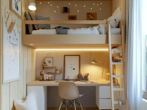 Litet barnrum inspo med loftsäng, skrivbord och mysig belysning. Perfekt för lek och läxläsning.