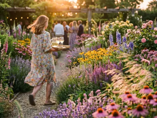 En kvinna bär en bricka med glas genom en trädgård fylld av klockformade blommor i olika färger.