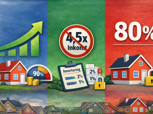 Grafisk illustration visar hus, en stigande graf, mynt och en mätare. En text visar "Amortering" med siffror som 2% och 1%. En symbol med "4,5x Inkomst" är överkryssad. En annan del visar "80%" och ett hus med ett lås.