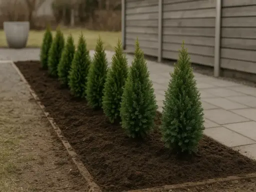 En rad med små, gröna tuja buskar planterade i mörk jord. En grå stenlagd gång leder förbi.