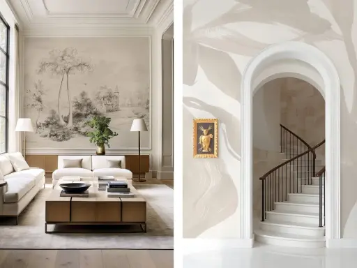 Vänster: Vardagsrum med en stor väggmålning i klassisk design som föreställer ett landskap. Höger: En elegant trappa med en bågad öppning och en konstnärlig väggmålning.