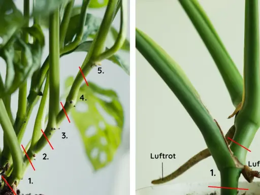 Här visas hur man beskär en Monstera. Röda linjer markerar var man ska klippa, och man kan se var luftrötter finns. Om det finns bruna blad, ska man klippa bort dem.