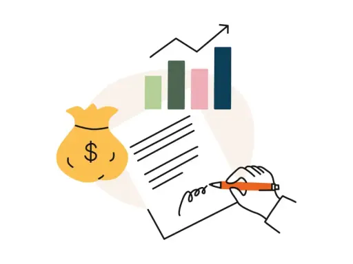En påse pengar, ett diagram som visar tillväxt och en hand som skriver på ett dokument. Allt pekar mot en stabil budget för brf.