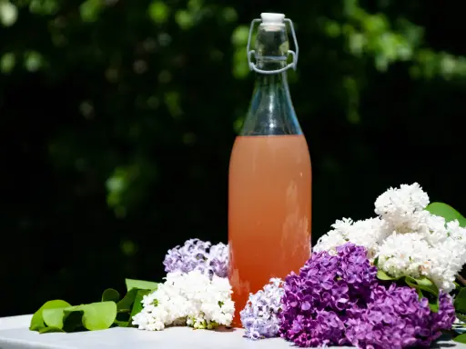 En flaska med rosa dryck omgiven av lila och vita syrenblommor. En påminnelse om att torka syrenblommor för att bevara doften.