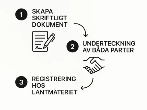 Steg för att registrera en gåva: 1. Skapa dokument, 2. Underteckna, 3. Registrera hos Lantmäteriet. Tänk på lagfartskostnad vid gåva.