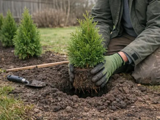 Person planterar thuja mot granne. En spade ligger bredvid det nygrävda hålet.