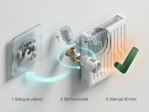 Steg-för-steg-guide för att byta termostat på elementet. Stäng av vattnet, byt termostat, klart på 30 min! Nu slipper du ha det kallt.