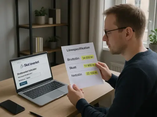 Man granskar en lönespecifikation och en skattekalkylator på en laptop. Kanske förbereder han sig för att deklarera sin fastighetsskatt för en industrifastighet.