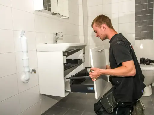 En man knäböjer och hjälper till att montera badrumsskåp bredvid ett handfat och en toalett.