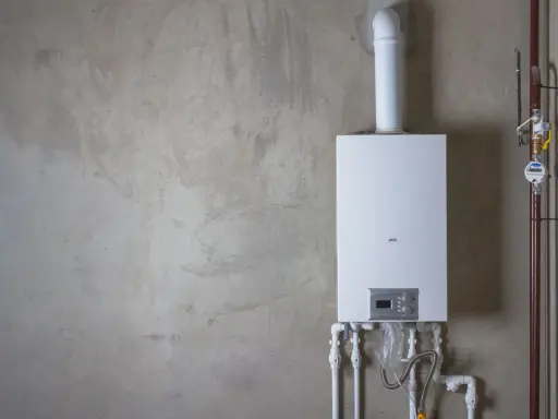 Installation av varmvattenberedare, pris och funktioner. En vit varmvattenberedare monterad på en betongvägg med röranslutningar.