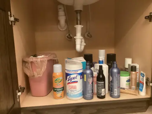Under diskbänken finns en rosa soptunna och diverse rengöringsmedel, inklusive OdoBan och Lysol-servetter, som kanske ska råda bot på dålig lukt i handfatet.