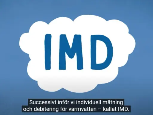 Blå bakgrund med en vit molnliknande form som innehåller texten "IMD". Texten under förklarar att det handlar om individuell mätning och debitering för varmvatten, kallat IMD.
