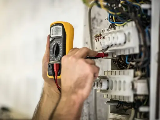 En elektriker använder en multimeter för att kontrollera elsystemet. Detta är en del av elbesiktning krav för säkerhet.