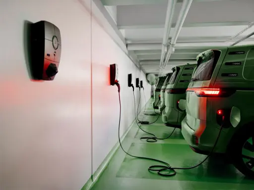Rad med gröna elbilar laddas vid laddstolpar. Systemet för debitering laddstolpar är igång, vilket syns på de röda lamporna.