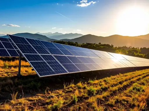 Solceller brf i solnedgången, med berg i bakgrunden. En grön och hållbar framtid för föreningen.