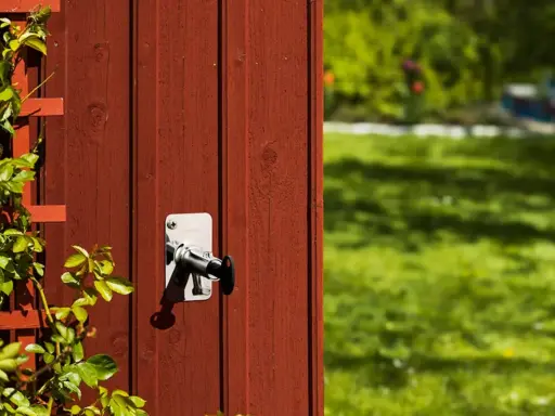 Ny vattenutkastare monterad på rött trä. En klätterväxt slingrar sig på vänster sida.