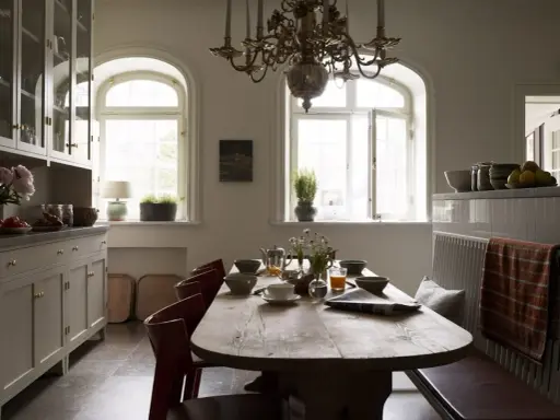 Rustik matplats med träbord, röda stolar och en bänk. Vackra fönster och skåp ger inspiration för inredningstips.