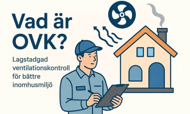En tekniker utför obligatorisk ventilationskontroll (OVK) vid ett hus för att säkerställa god inomhusmiljö.