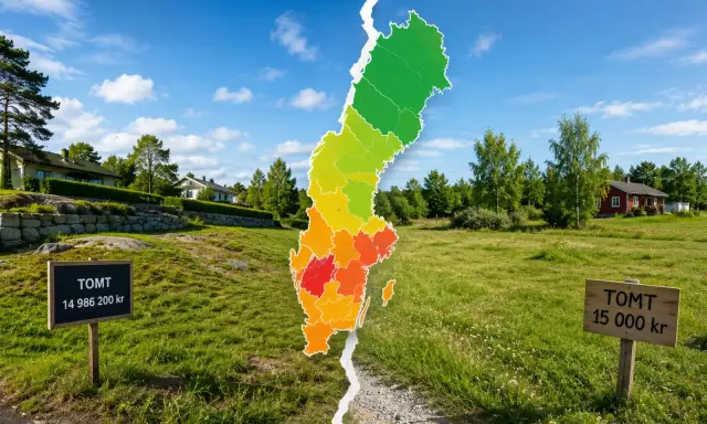 Två skyltar visar "TOMT" med olika priser. En färgad karta över Sverige delar bilden, med grönt i norr och rött i söder.