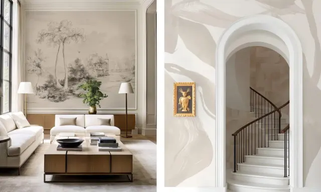 Vänster: Vardagsrum med en stor väggmålning i klassisk design som föreställer ett landskap. Höger: En elegant trappa med en bågad öppning och en konstnärlig väggmålning.