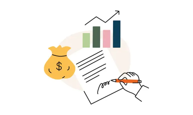 En påse pengar, ett diagram som visar tillväxt och en hand som skriver på ett dokument. Allt pekar mot en stabil budget för brf.