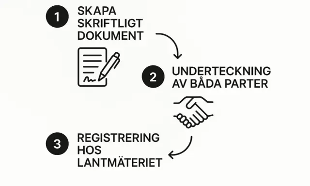 Steg för att registrera en gåva: 1. Skapa dokument, 2. Underteckna, 3. Registrera hos Lantmäteriet. Tänk på lagfartskostnad vid gåva.